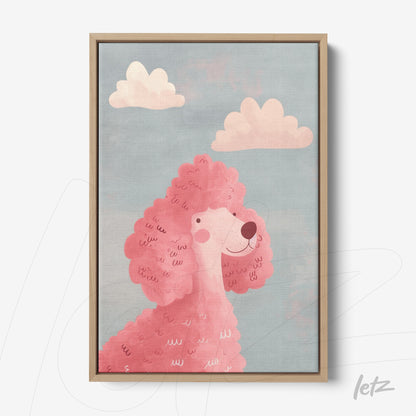 quadro com ilustração de poodle rosa em fundo azul suave, moldura de madeira clara