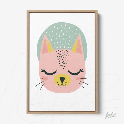 quadro com ilustração de gato rosa de traços simples em moldura de madeira clara