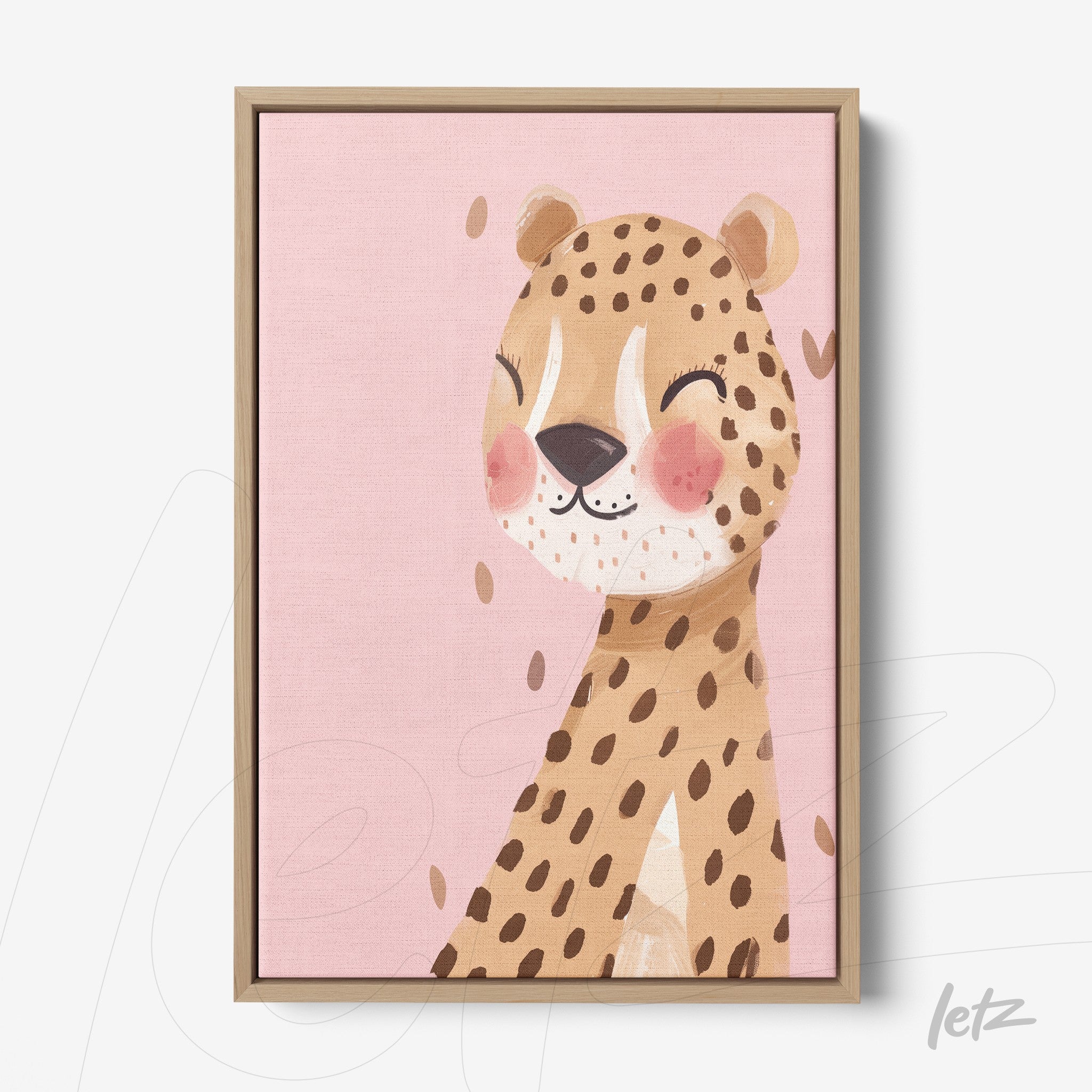 quadro de leopardo estilizado com fundo rosa e moldura de madeira clara
