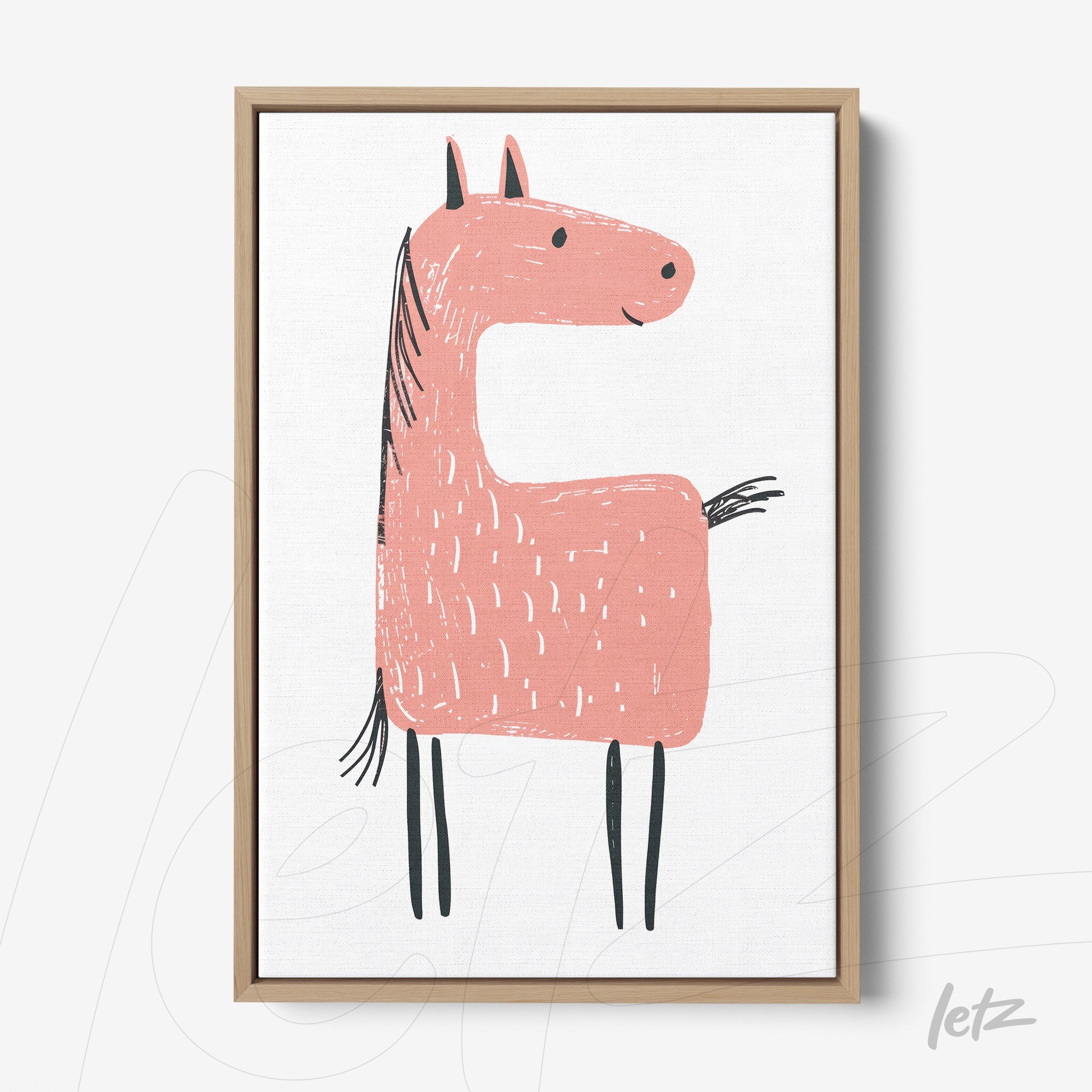 quadro com ilustração infantil de um cavalo rosa em moldura de madeira clara