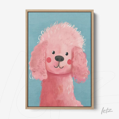 quadro com ilustração colorida de um poodle rosa sobre fundo azul, em moldura de madeira clara