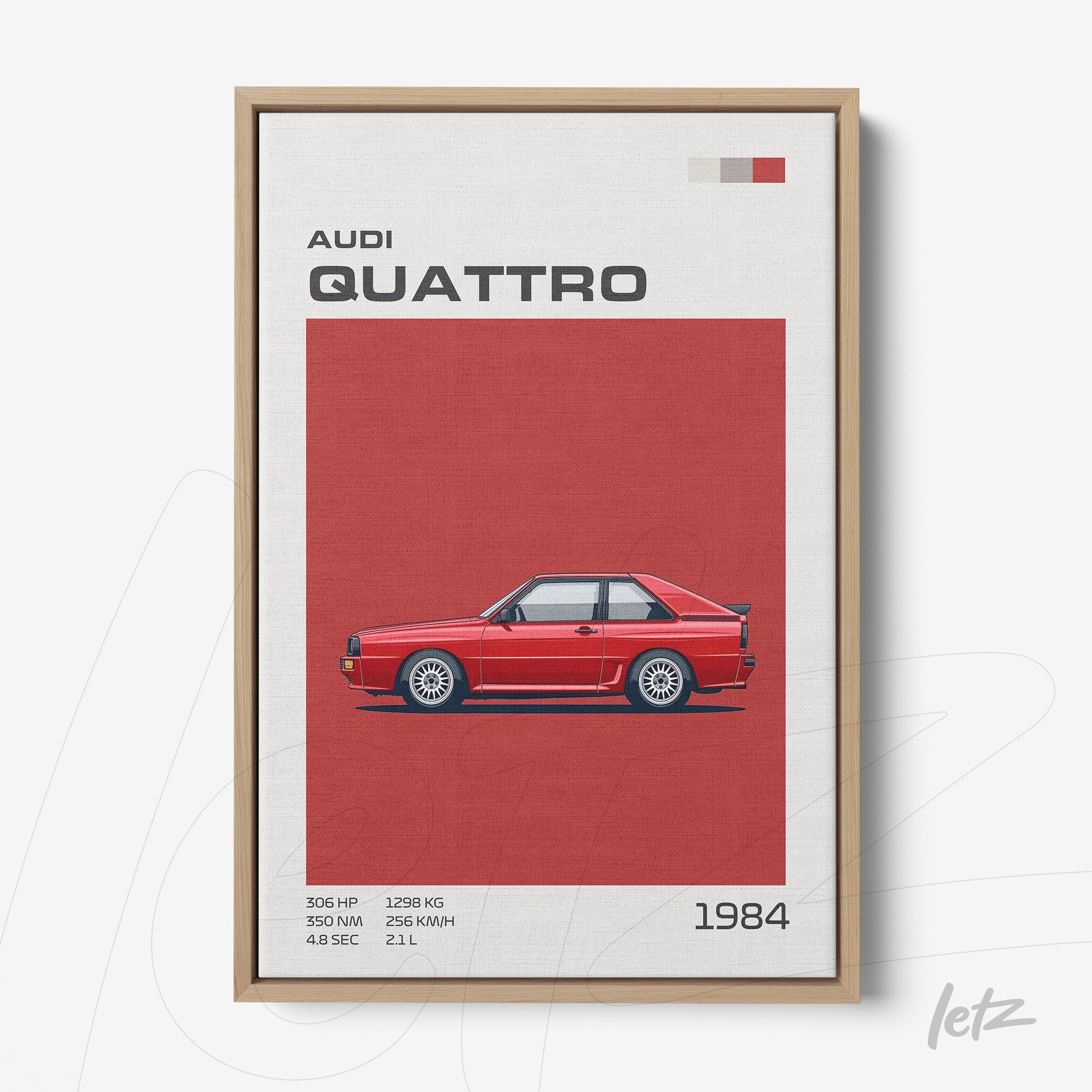 quadro com ilustração do carro Audi Quattro em fundo vermelho e moldura de madeira clara
