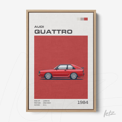 quadro com ilustração do carro Audi Quattro em fundo vermelho e moldura de madeira clara