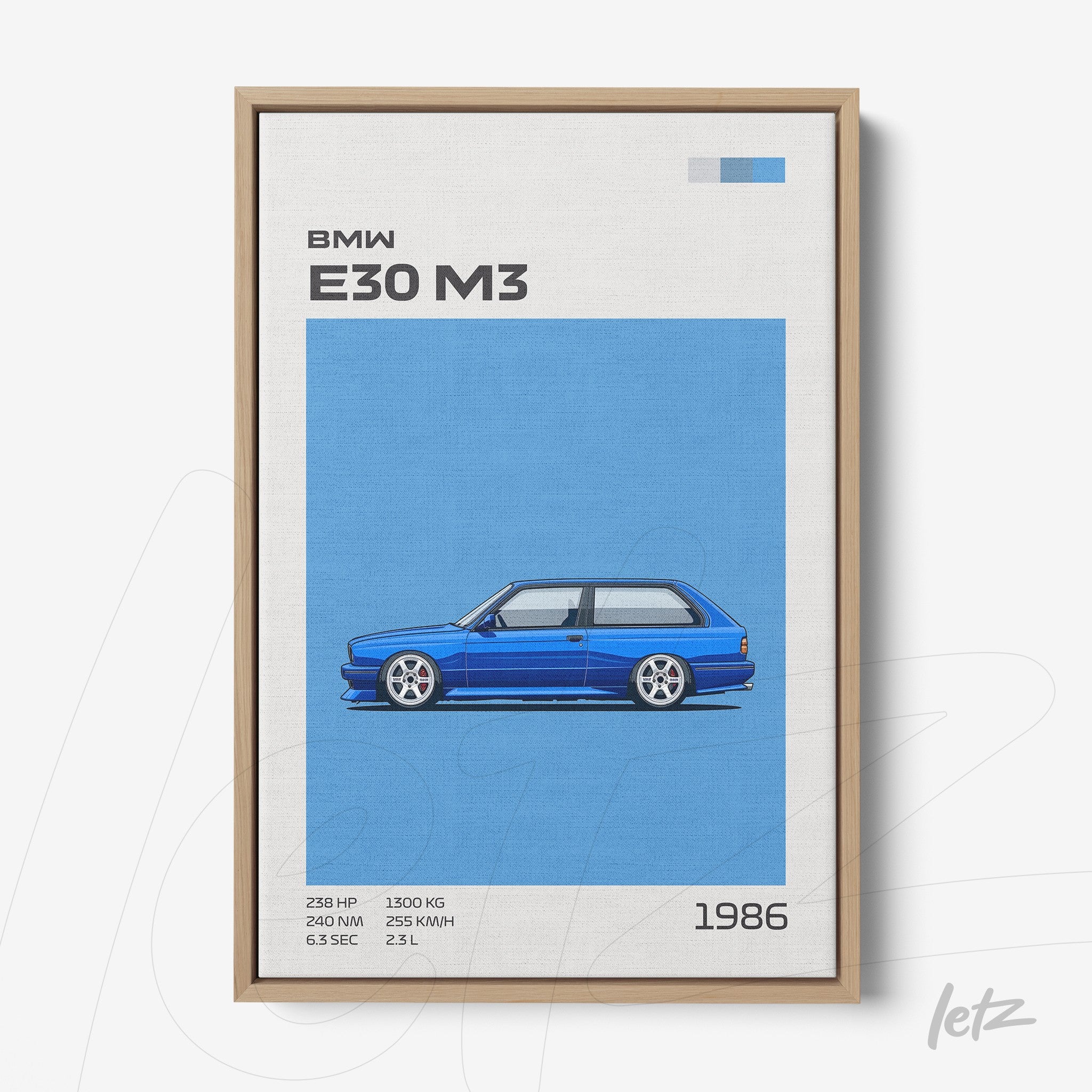 quadro em canvas com ilustração do BMW E30 M3 em fundo azul e moldura de madeira clara