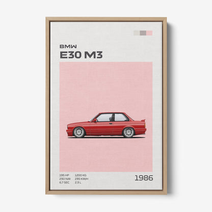 quadro com ilustração minimalista do carro BMW E30 M3 em fundo rosa, moldura de madeira clara
