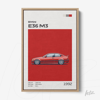 quadro com arte de carro BMW E36 M3 em fundo vermelho e moldura de madeira clara