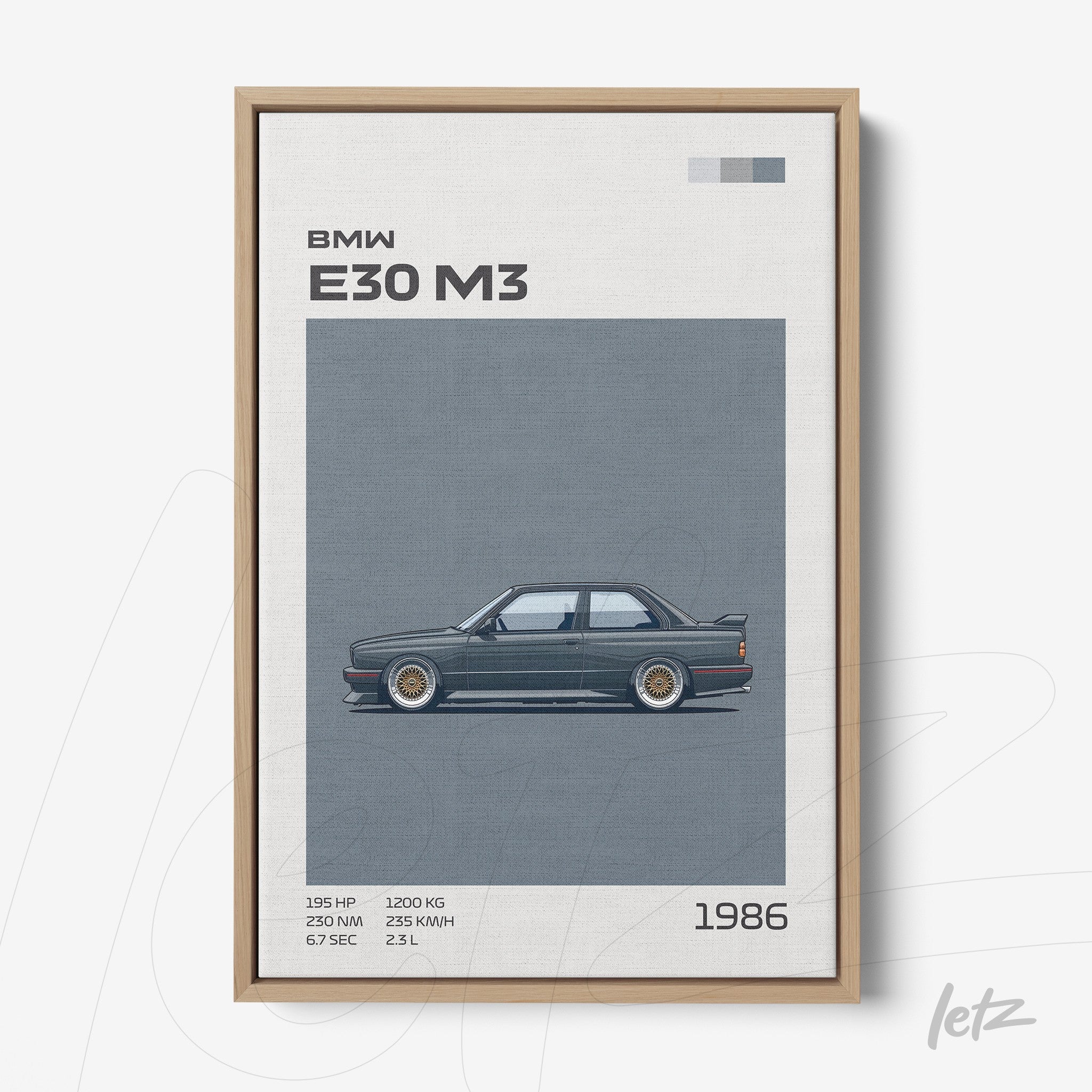 quadro com ilustração de carro BMW E30 M3 em moldura de madeira clara, fundo branco