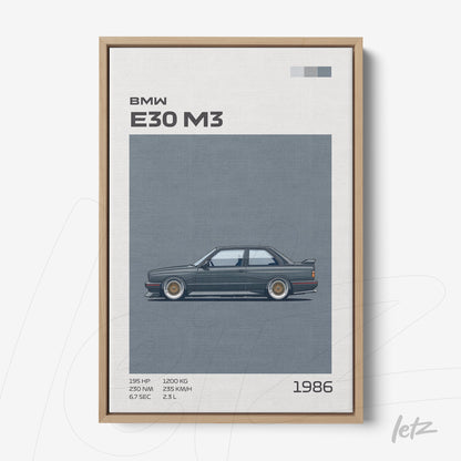 quadro com ilustração de carro BMW E30 M3 em moldura de madeira clara, fundo branco