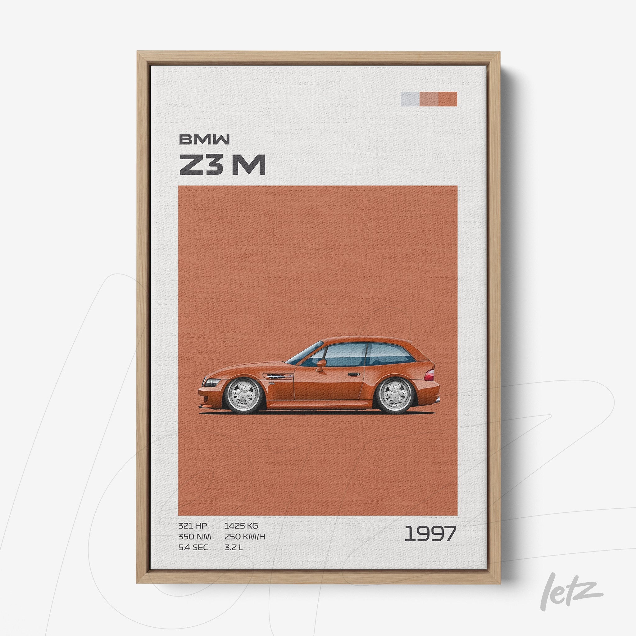 quadro com arte ilustrativa do carro BMW Z3M de 1997 em moldura de madeira clara