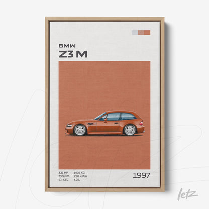 quadro com arte ilustrativa do carro BMW Z3M de 1997 em moldura de madeira clara
