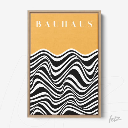 quadro com arte abstrata em estilo bauhaus com moldura de madeira e fundo amarelo