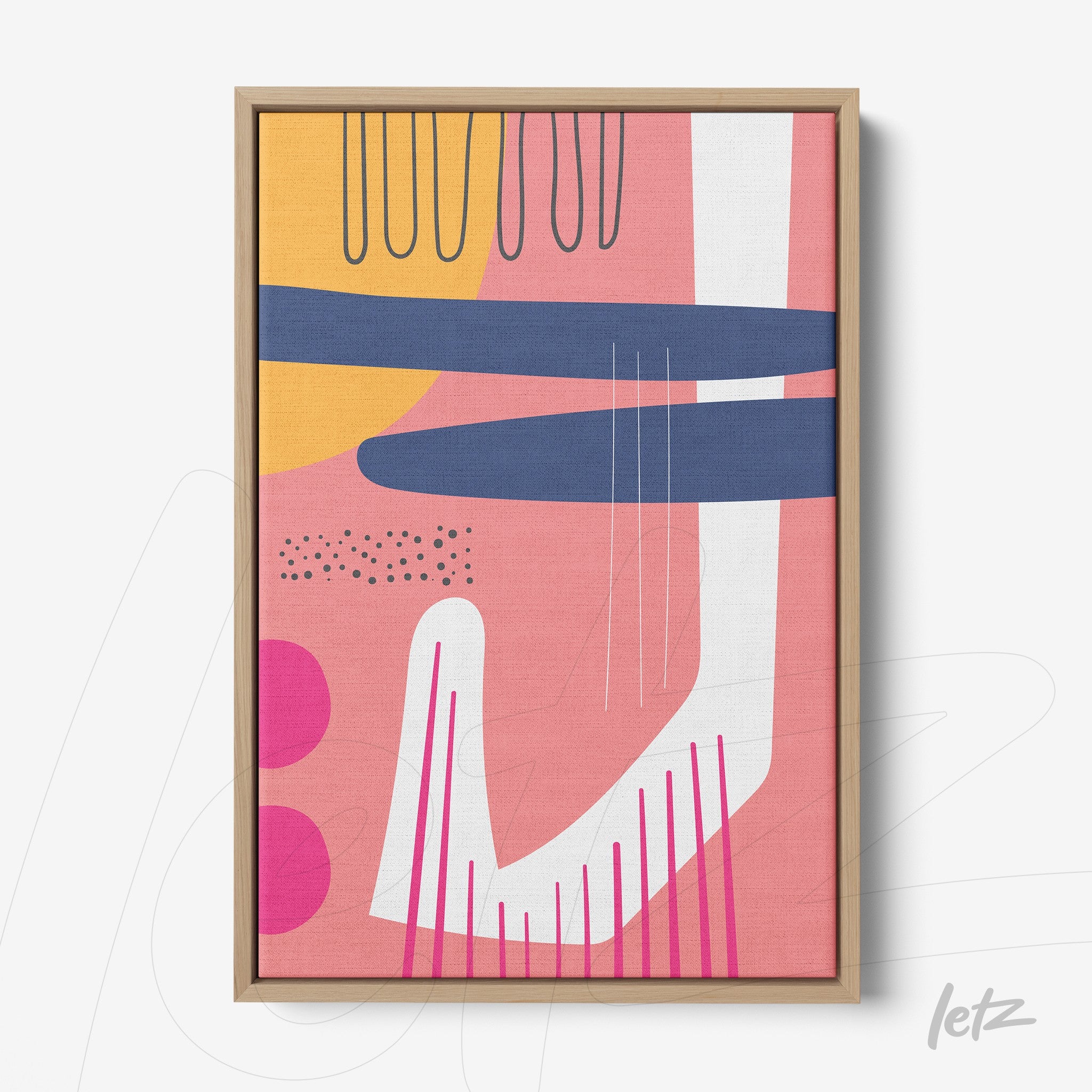 quadro em canvas com arte abstrata colorida em moldura natural, exibindo formas geométricas em rosa, azul, branco e amarelo