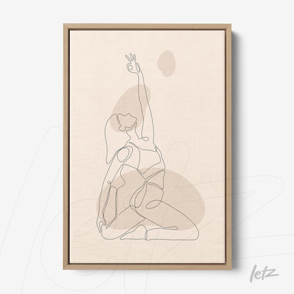 quadro com ilustração minimalista de linha contínua de uma mulher em pose de yoga com moldura de madeira clara
