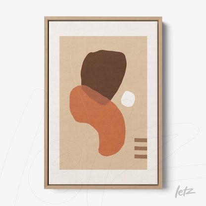 tela em canvas com arte abstrata de formas orgânicas em tons terrosos dentro de moldura de madeira clara