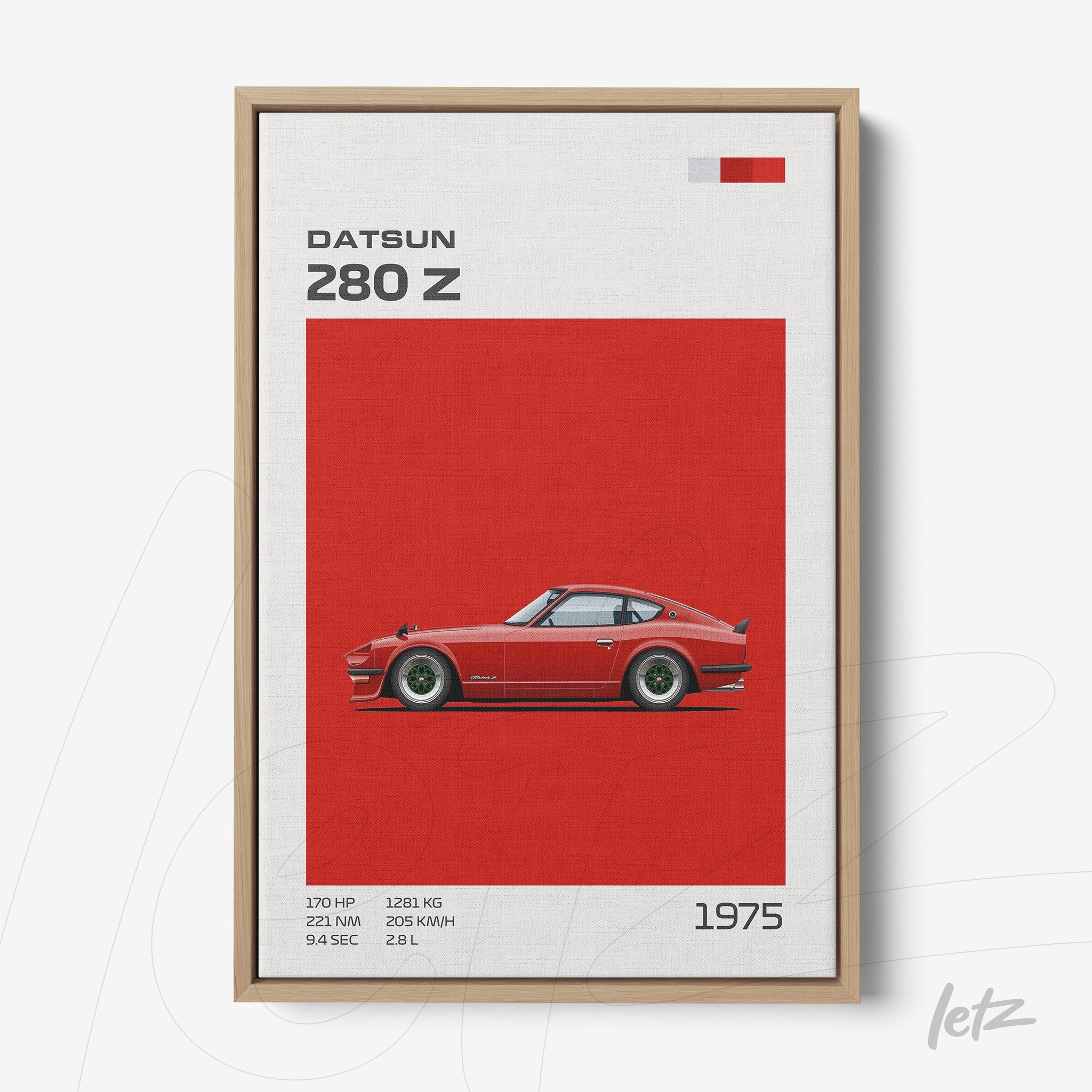 quadro com arte minimalista do carro Datsun 280 Z em fundo vermelho e moldura de madeira clara