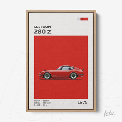 quadro com arte minimalista do carro Datsun 280 Z em fundo vermelho e moldura de madeira clara