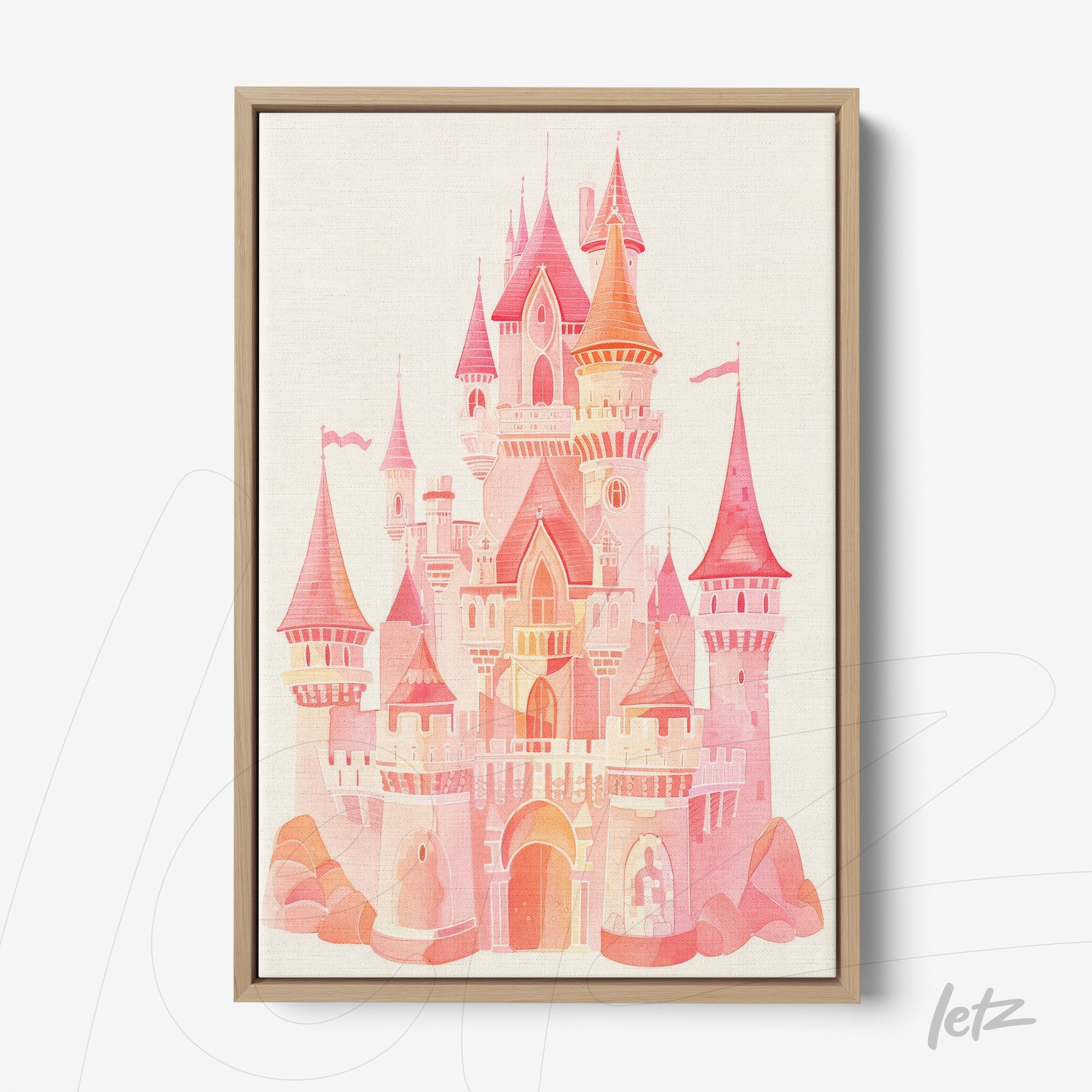 quadro com arte digital de castelo em tons de rosa e laranja com moldura de madeira clara