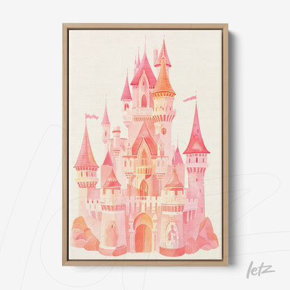 quadro com arte digital de castelo em tons de rosa e laranja com moldura de madeira clara