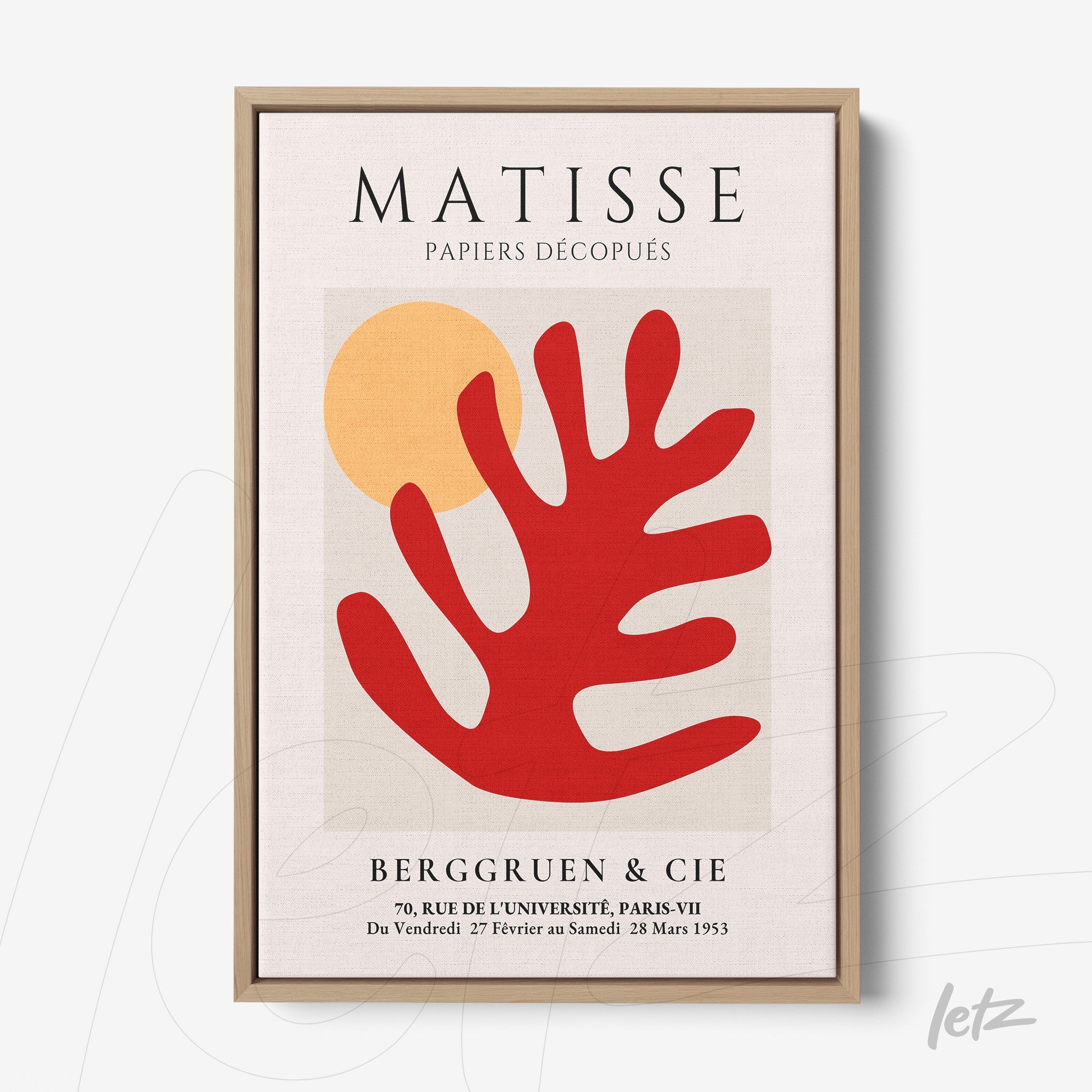 quadro em moldura clara com arte contemporânea do artista Matisse, apresentando formas abstratas em vermelho e amarelo sobre fundo claro