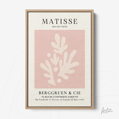 quadro decorativo com ilustração em rosa e creme inspirada nas recortes de Matisse, moldura de madeira clara