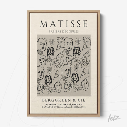 quadro com arte decorativa inspirada em Matisse, destacando rostos e figuras em tons neutros, emoldurado com moldura de madeira clara