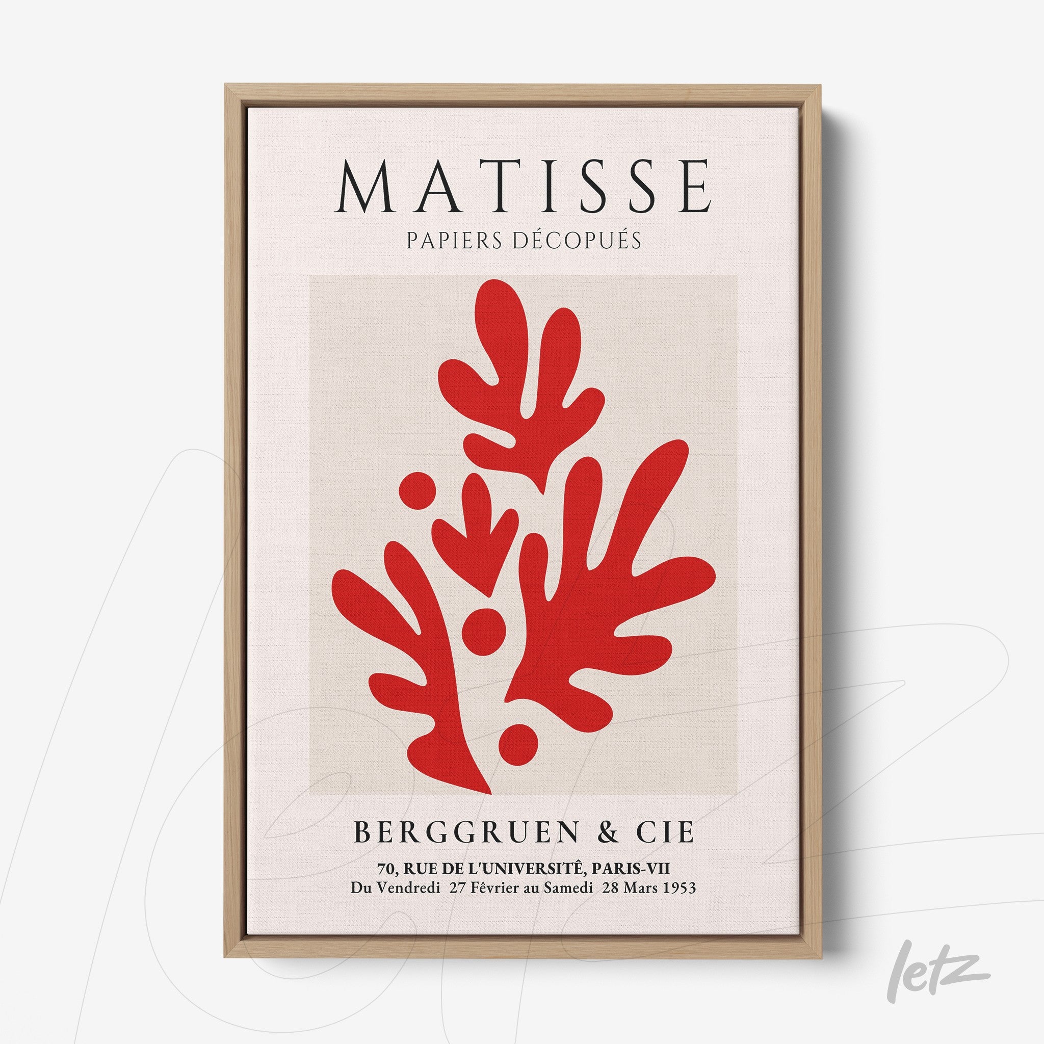 quadro com arte de recortes em tons vermelhos inspirado em Matisse, moldura de madeira clara