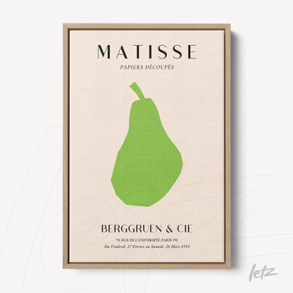 quadro em moldura natural com arte de uma pera em formas geométricas e cores vibrantes, inspirado na obra de Matisse
