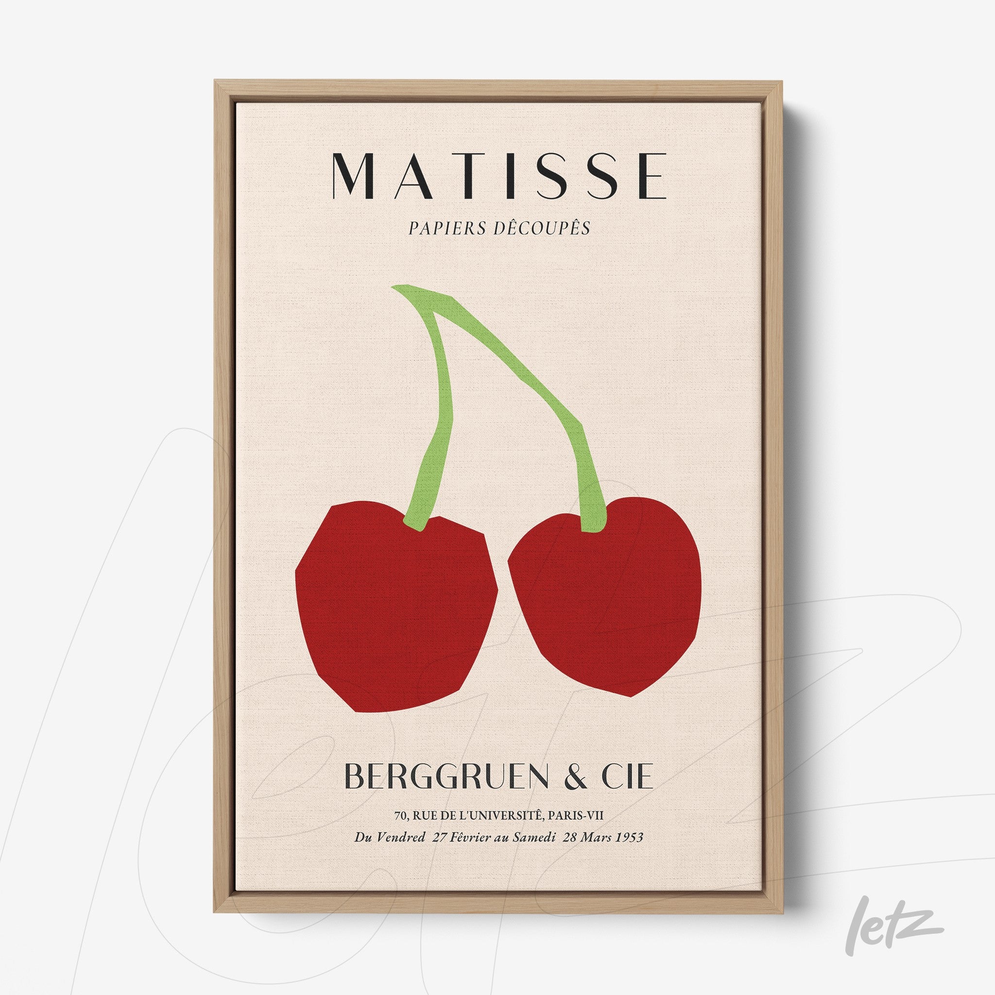 quadro com arte de Matisse com cerejas estilizadas em fundo neutro e moldura clara
