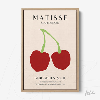 quadro com arte de Matisse com cerejas estilizadas em fundo neutro e moldura clara