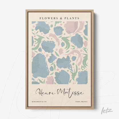 quadro decorativo com padrão floral em tons pastel, moldura de madeira clara