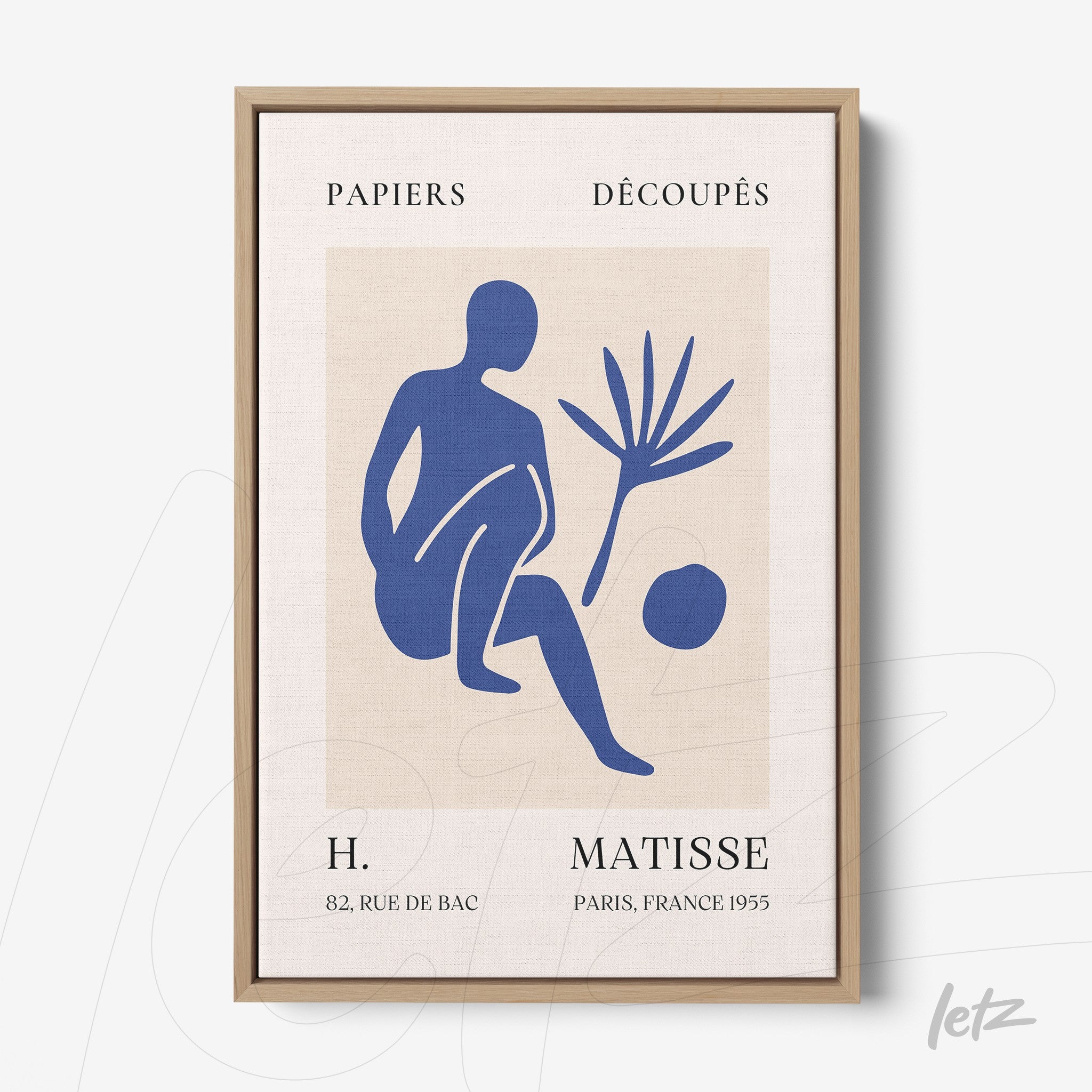 quadro com arte em estilo moderno azul com figura humana em pose contemplativa e planta ao lado, moldura clara de madeira