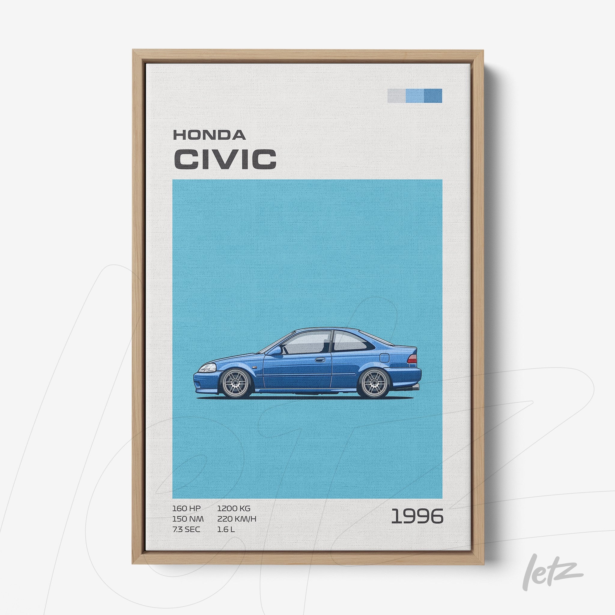 quadro com ilustração do carro Honda Civic 1996 em fundo azul e moldura de madeira clara