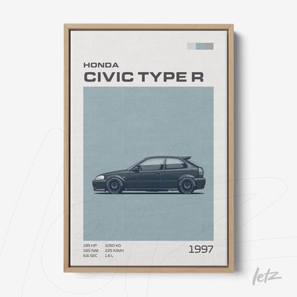 quadro decorativo com ilustração do carro Honda Civic Type R de 1997 em moldura de madeira clara