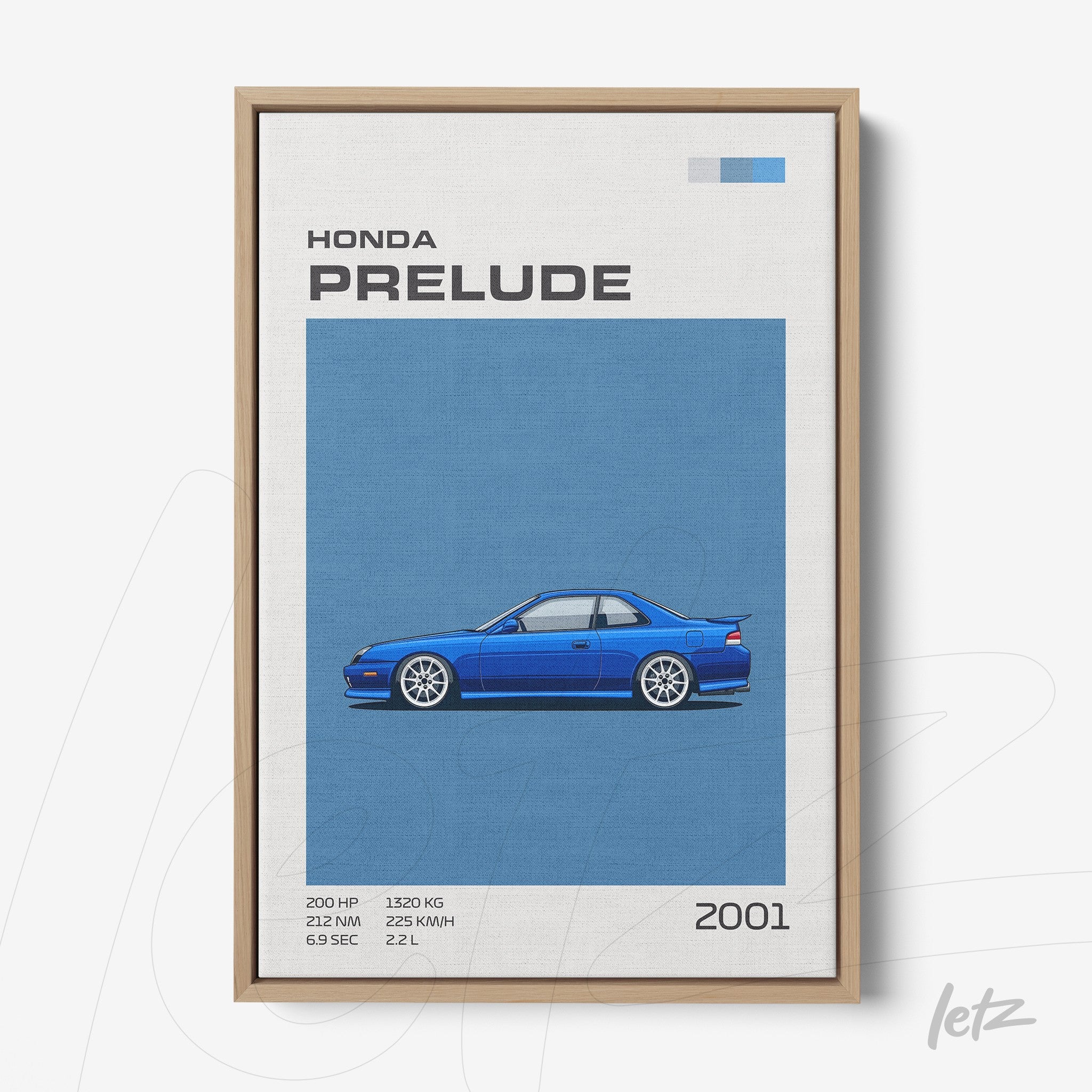 quadro em canvas com ilustração do carro Honda Prelude de 2001 em fundo azul e moldura de madeira clara