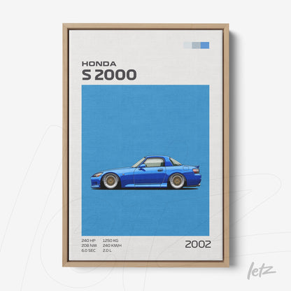 quadro decorativo com ilustração do carro Honda S2000 em destaque azul sobre fundo claro em moldura de madeira clara