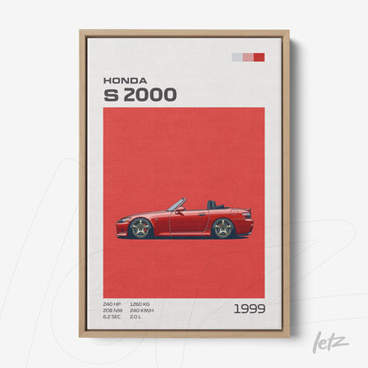 quadro com arte digital do carro Honda S2000 em fundo vermelho e moldura clara