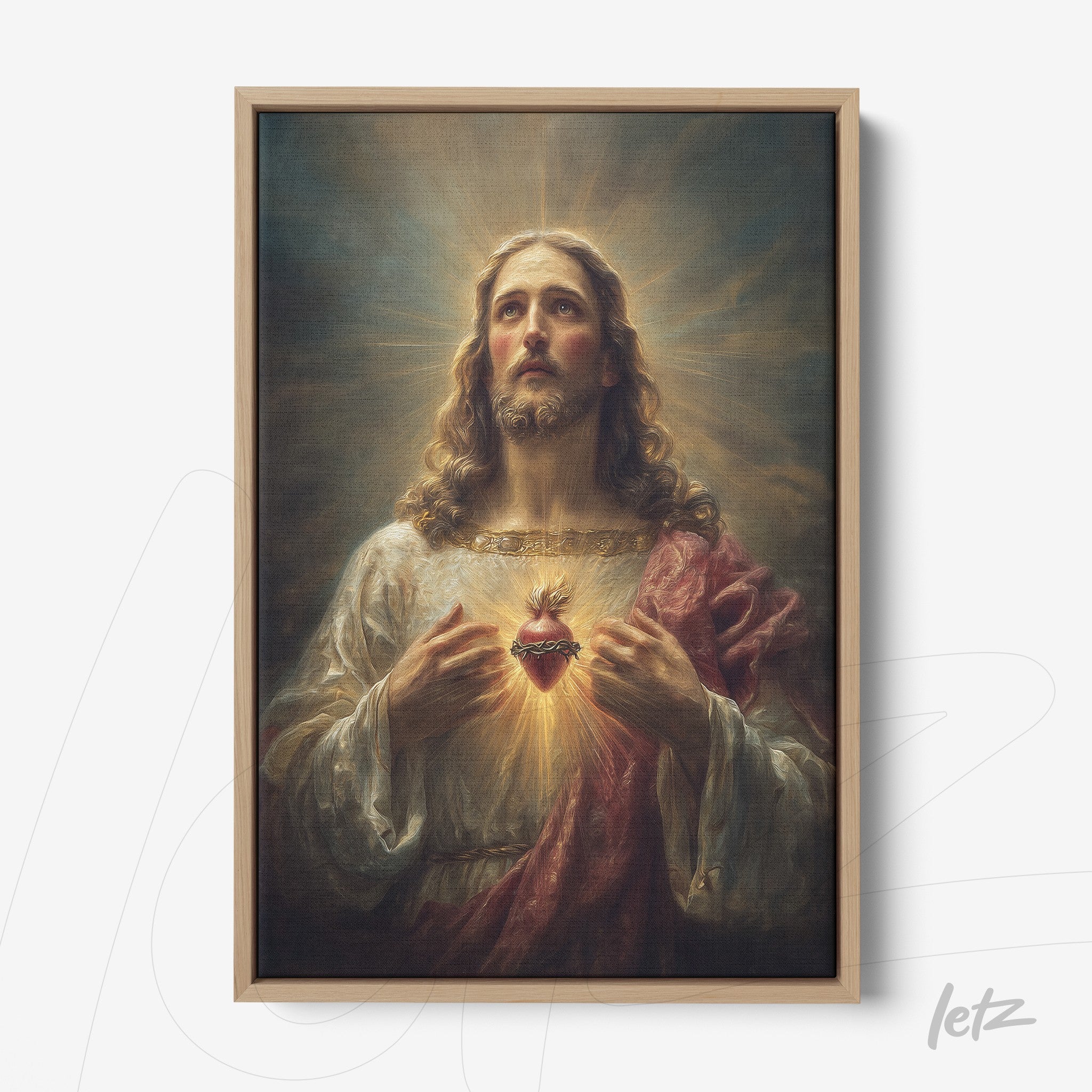 quadro em canvas com retrato de Jesus Cristo em pose contemplativa, destacando o Sagrado Coração iluminado em seu peito, moldura de madeira clara