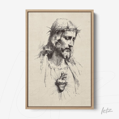 quadro em canvas com ilustração de Jesus Cristo em estilo realista, destacando o Sagrado Coração, em moldura de madeira clara