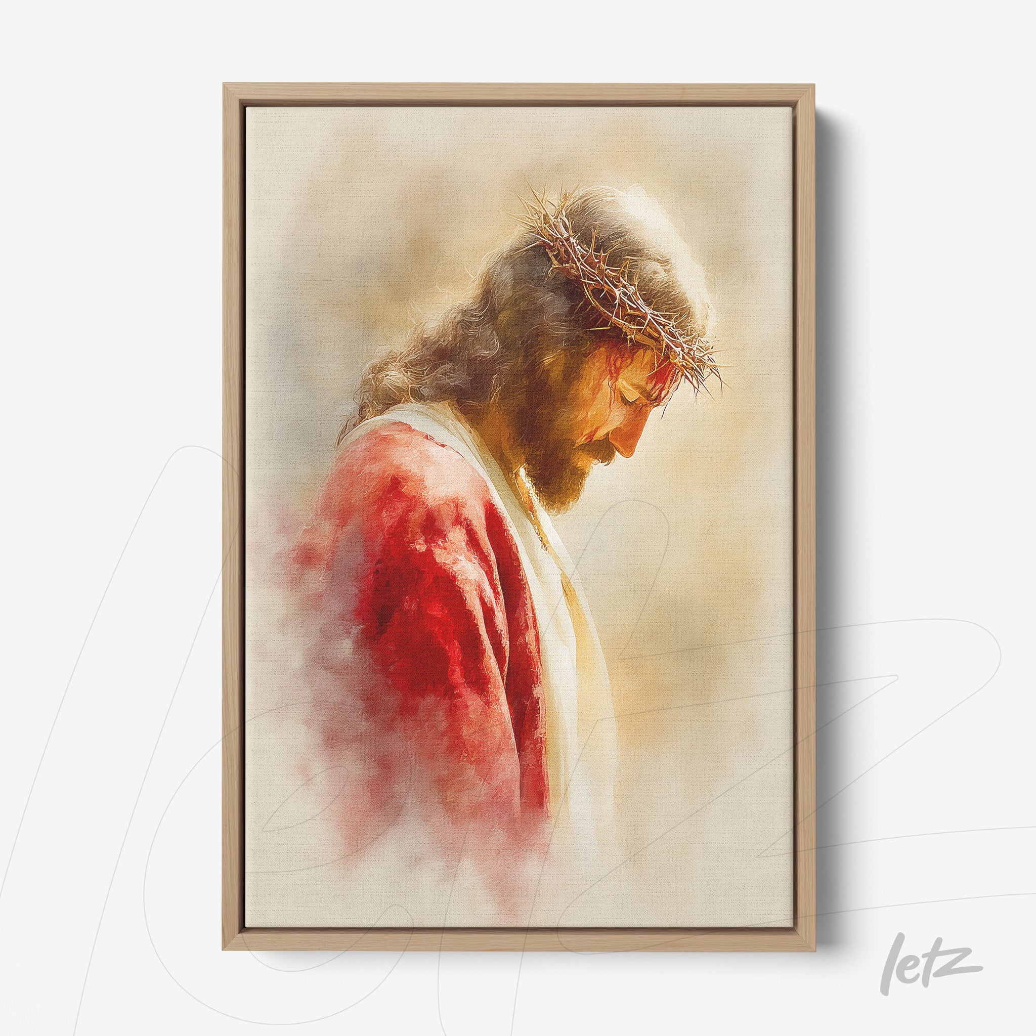 quadro emoldurado com retrato artístico de Jesus com coroa de espinhos e vestes vermelhas