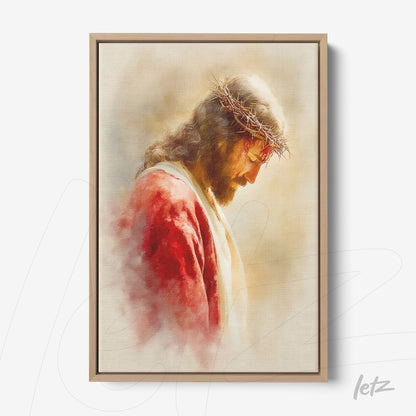quadro emoldurado com retrato artístico de Jesus com coroa de espinhos e vestes vermelhas