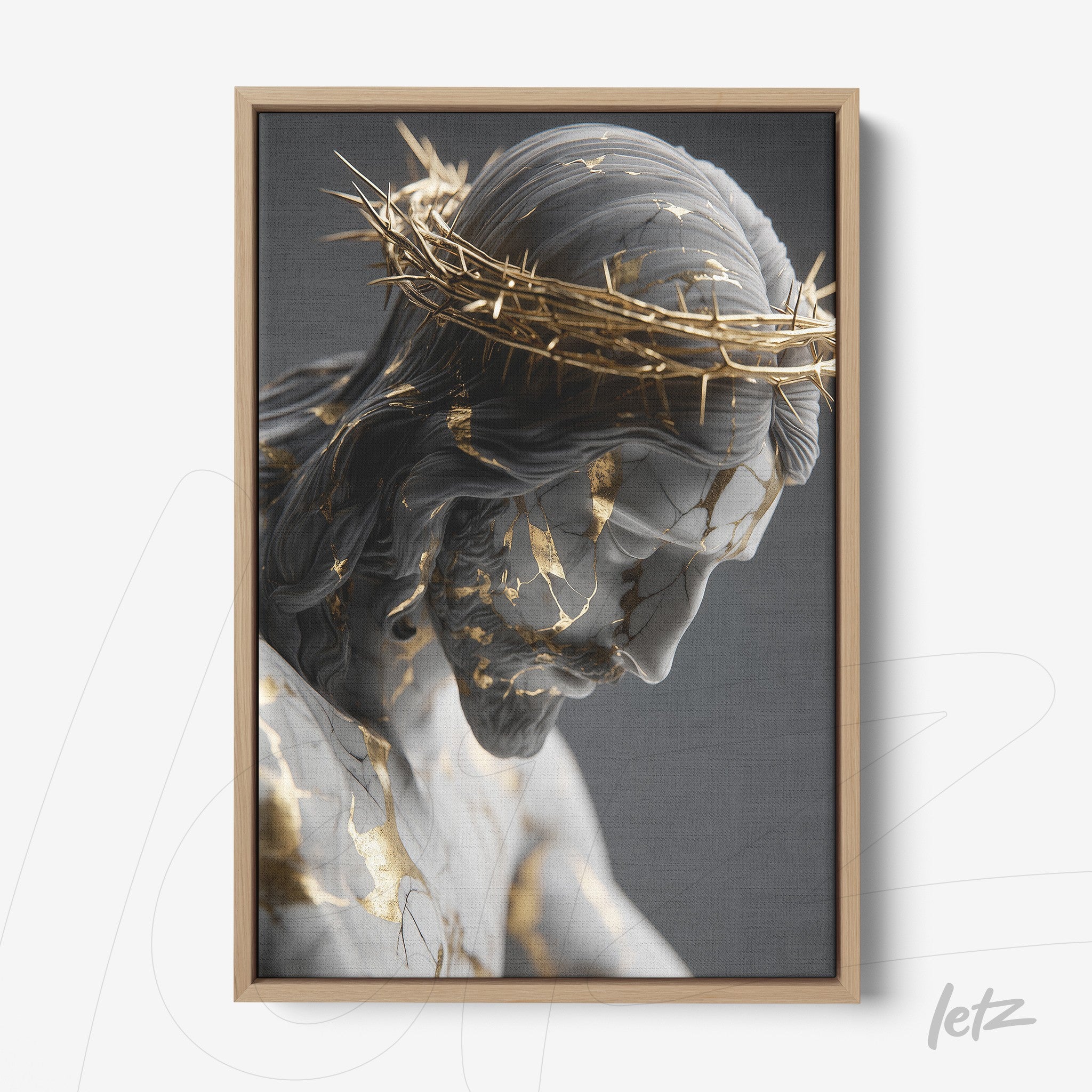quadro com arte digital de Cristo com coroa de espinhos, detalhes em dourado e fundo cinza, moldura de madeira clara