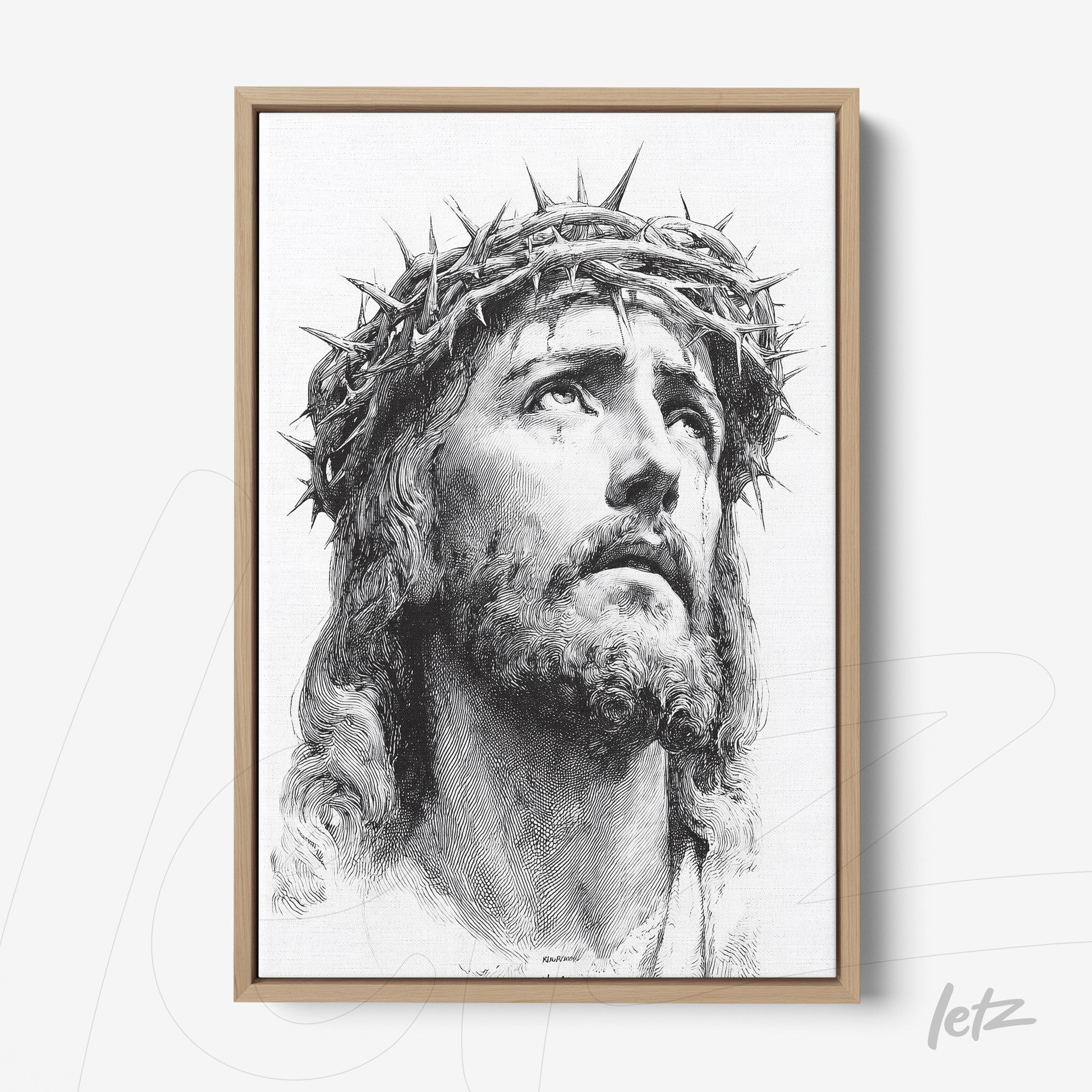 quadro em canvas com retrato de Jesus Cristo usando coroa de espinhos em moldura de madeira clara