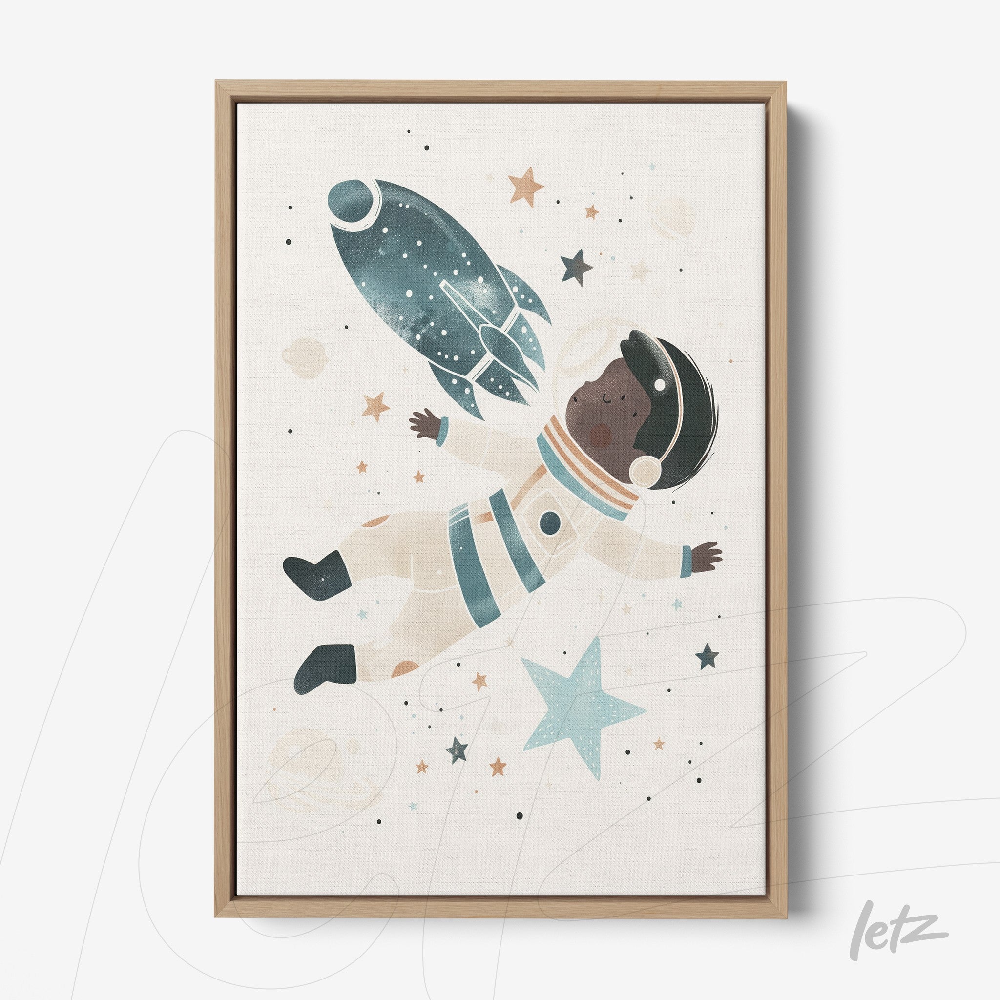 quadro com arte infantil de astronauta em fundo cósmico, moldura de madeira clara
