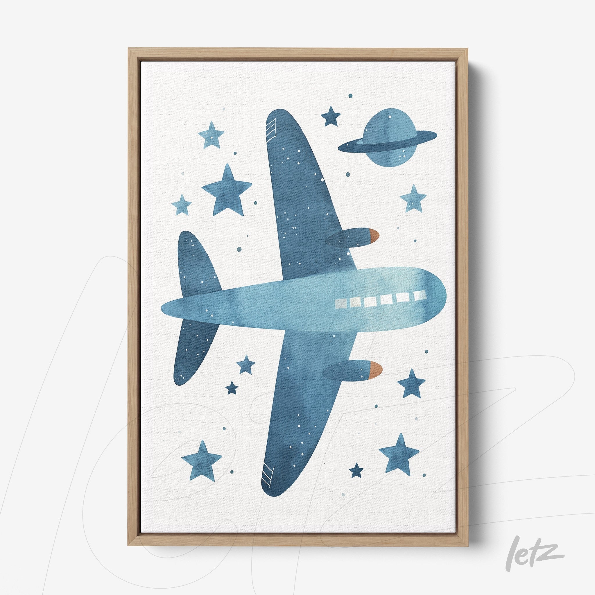 quadro com ilustração de avião azul sobre fundo claro com estrelas e planeta