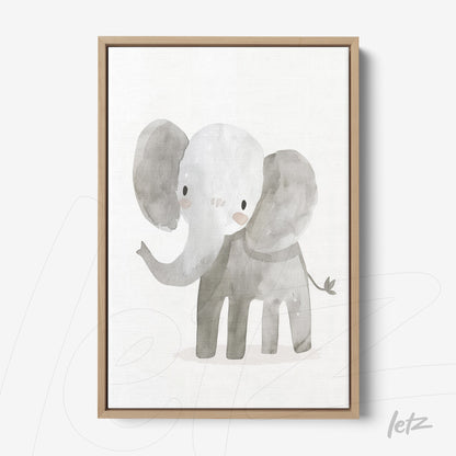 quadro em tela com ilustração de um elefante cinza em estilo aquarela sobre fundo claro, com moldura de madeira clara