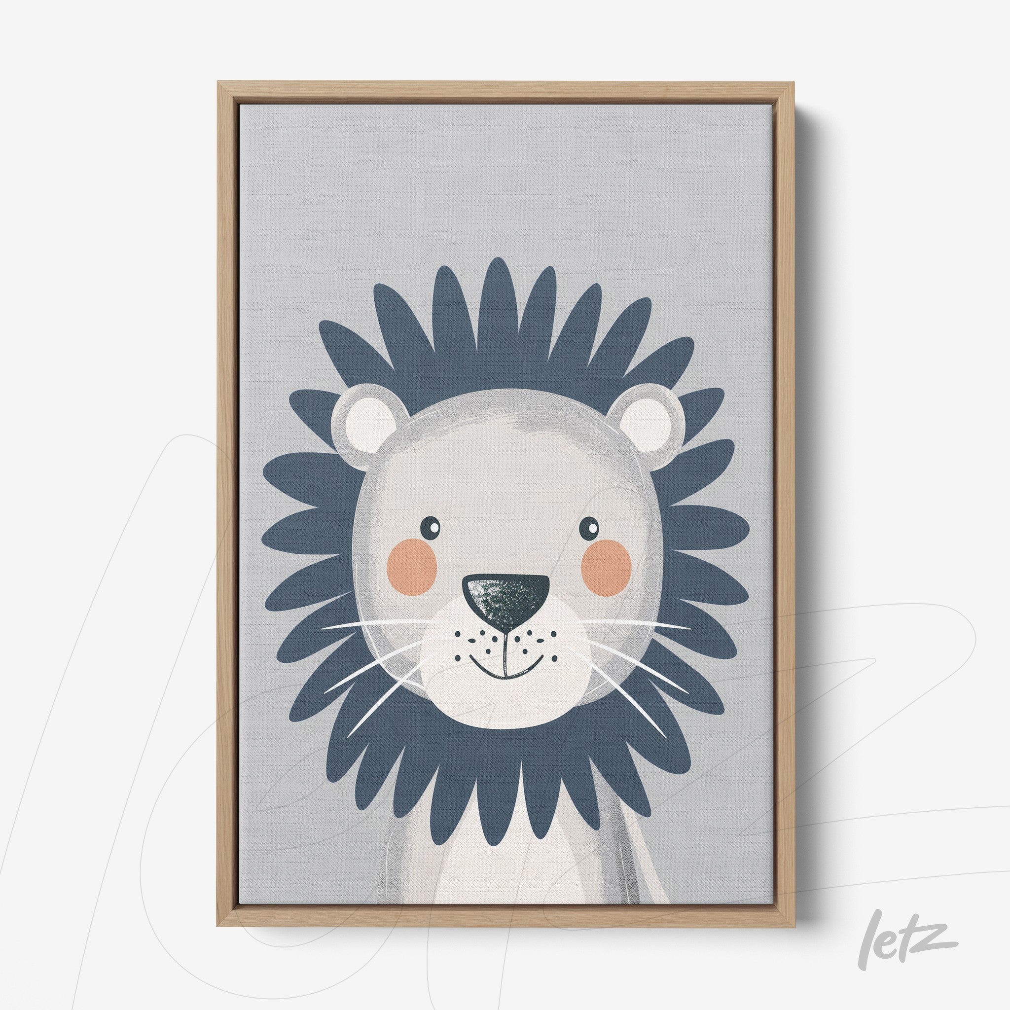 quadro com arte infantil de leão sorridente com cabelo azul em moldura de madeira clara