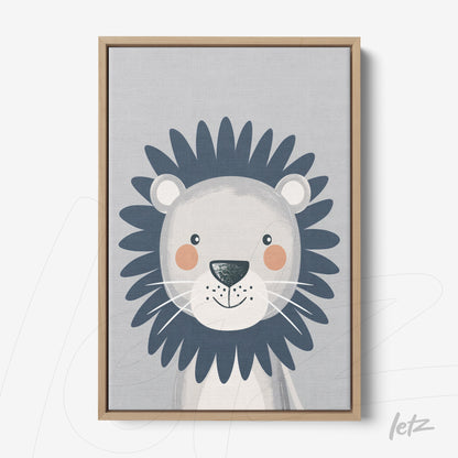 quadro com arte infantil de leão sorridente com cabelo azul em moldura de madeira clara