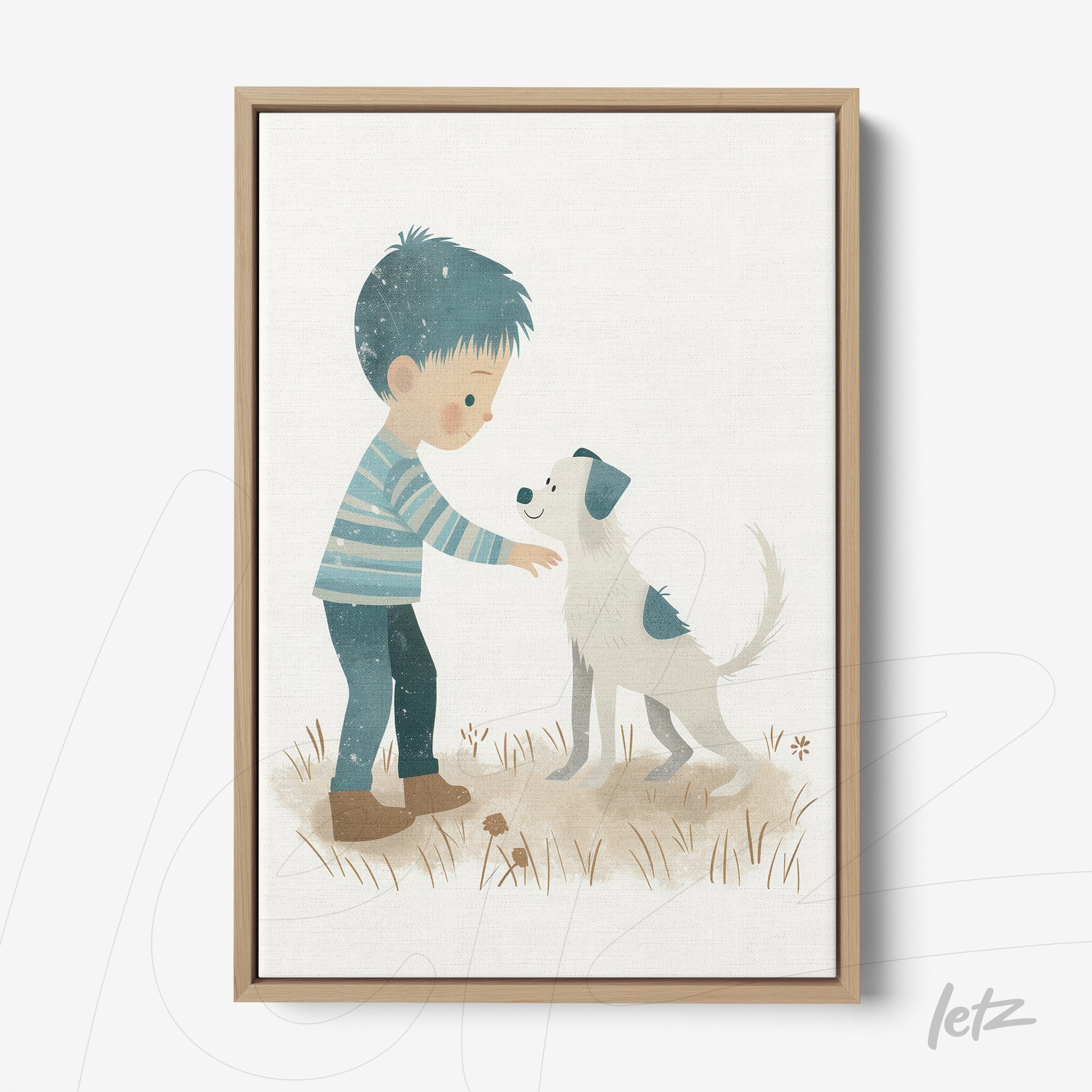 quadro com ilustração infantil de um menino acariciando um cachorro em fundo claro, moldura de madeira clara