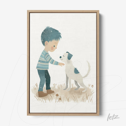 quadro com ilustração infantil de um menino acariciando um cachorro em fundo claro, moldura de madeira clara
