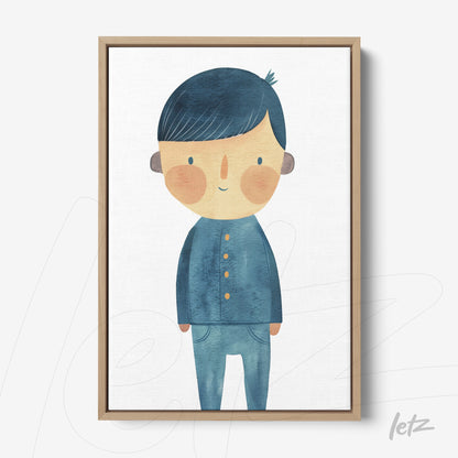 quadro com ilustração de um menino sorridente em tons de azul, moldura em madeira clara